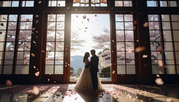 紙吹雪が舞い落ちる教会の新郎新婦の写真