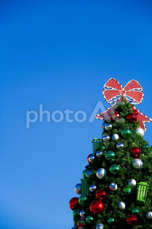 クリスマスツリーとオーナメントとカリフォルニアの青い空 カリフォルニア,ロサンゼルス,クリスマスイブの写真素材