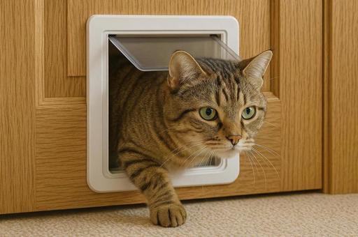 ペットドアから入る猫 ペットドアから入る猫の写真