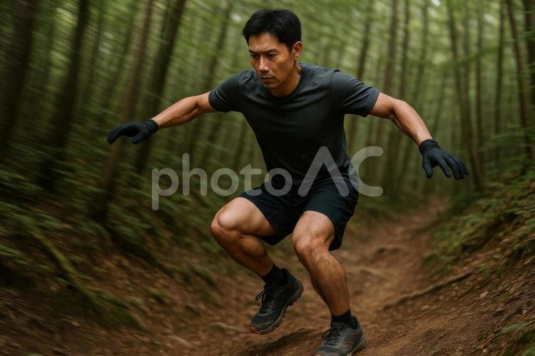 森林の下り坂を駆け降りる男性 トレラン,トレイルランニング,下り坂の写真素材