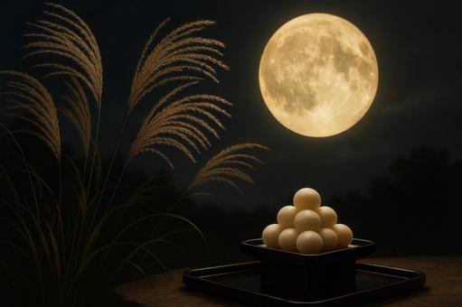 秋風に揺れるススキと団子の供え物 秋風に揺れるススキと団子の供え物の写真