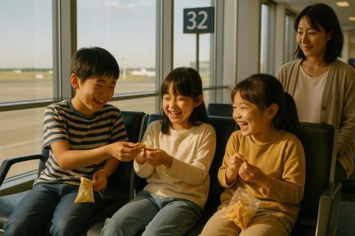 搭乗ゲート前でお菓子を分け合う子どもたちの写真