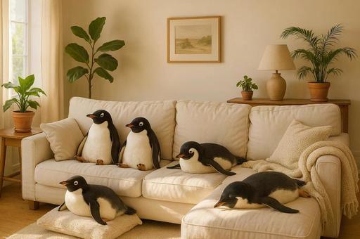 ソファの上でくつろいでいるペンギンたちの写真
