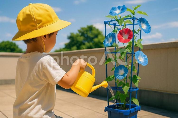 小学生の子供が朝顔に水やりをする夏の情景 小学生,朝顔,水やりの写真素材