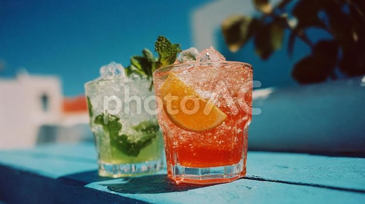 きらめく氷と柑橘類：夏のドリンク ジュース,オレンジ,冷たいの写真素材