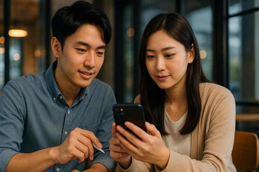 男女2人がカフェ風でスマホを見る 男女2人がカフェ風でスマホを見るの写真