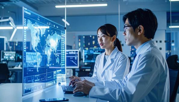 ホログラムのデータを見ながら議論する医者 ホログラムのデータを見ながら議論する医者の写真