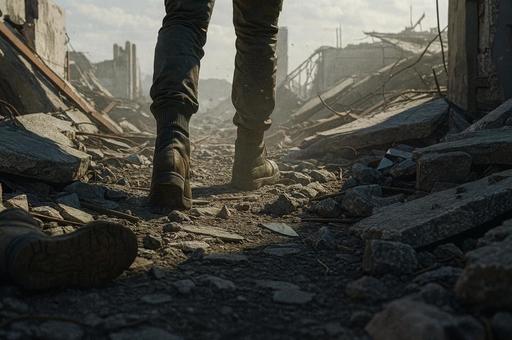 瓦礫の中を歩く影の写真