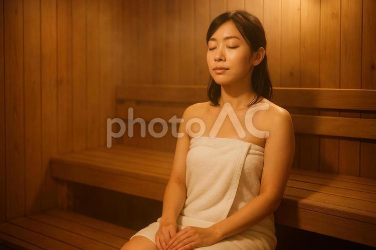 サウナ室で目を閉じる女性 サウナ,女性,目を閉じるの写真素材