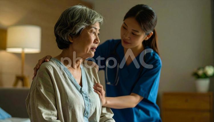 帰宅願望が強い高齢女性患者と励ます看護師 帰宅願望,認知症,共感的理解の写真素材
