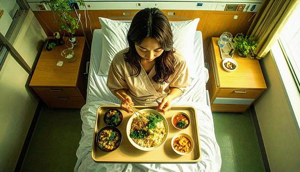 入院ベッドでご飯を食べる女性患者 入院ベッドでご飯を食べる女性患者の写真