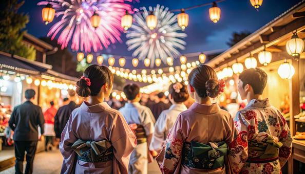 打ち上げ花火と浴衣姿の女性 打ち上げ花火と浴衣姿の女性の写真