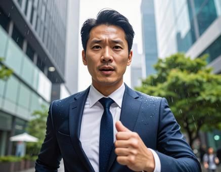 急な雨、走って帰社するビジネスパーソン 急な雨、走って帰社するビジネスパーソンの写真