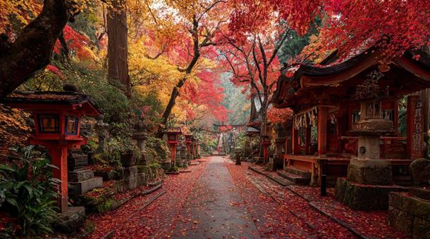 紅葉に包まれた静かな参道 紅葉に包まれた静かな参道の写真