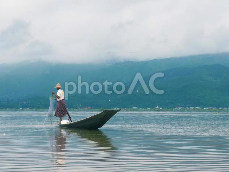 インレー湖の漁風景 漁,湖,漁師の写真素材