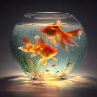 幻想的な光に包まれたガラス鉢の優雅な金魚 幻想的な光に包まれたガラス鉢の優雅な金魚の写真