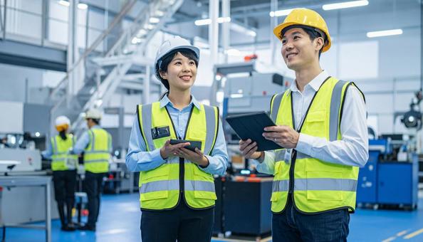 工場でタブレットで製品を検査する作業員 工場でタブレットで製品を検査する作業員の写真