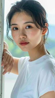 白いTシャツの女性が壁際でポーズをとる 白いTシャツの女性が壁際でポーズをとるの写真