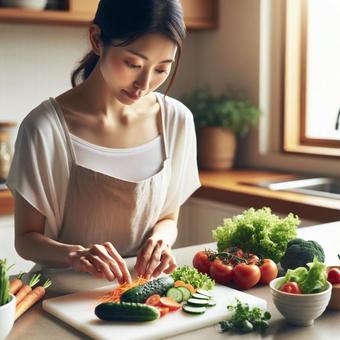 野菜を刻む女性 野菜を刻む女性の写真