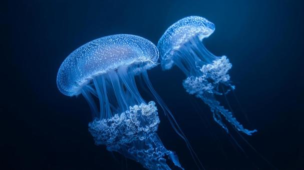 青い光に包まれた、美しいクラゲの浮遊 青い光に包まれた、美しいクラゲの浮遊の写真