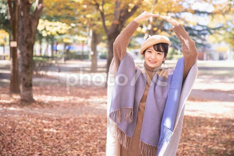 秋の公園でマルを作る女性 マル,ok,秋の写真素材