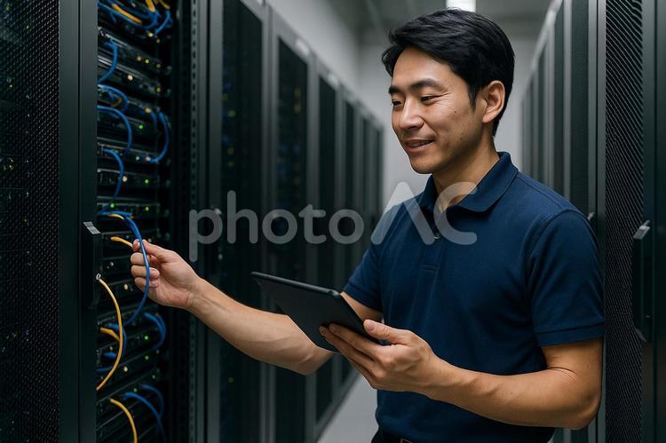 サーバールーム点検作業　エンジニア サーバールーム,データセンター,ラックの写真素材