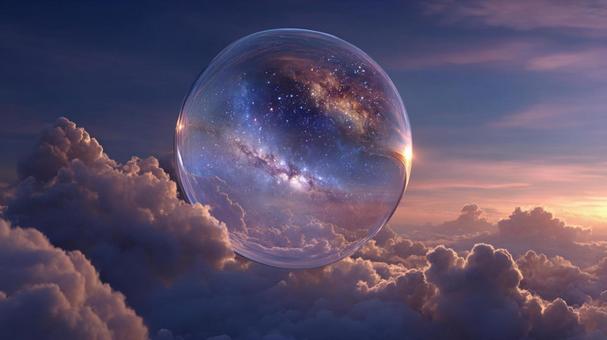 夕焼け雲に浮かぶ宇宙を映す球体 夕焼け雲に浮かぶ宇宙を映す球体の写真