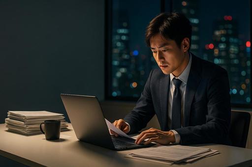 残業する若いサラリーマン 残業する若いサラリーマンの写真