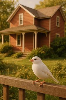 木製フェンスのにとまる白い文鳥の写真