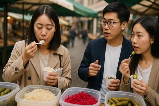 市場で試食する漬物 市場で試食する漬物の写真