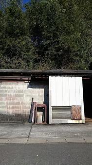 Photo, warehouse, old building, block fence, 