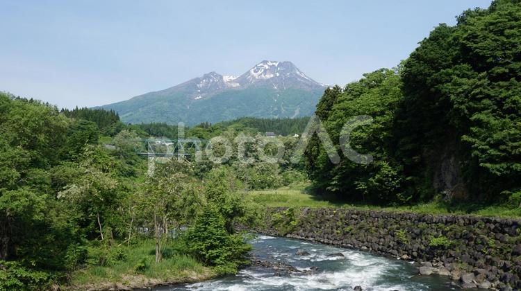 新緑と残雪と関川と。 関川,山,春の写真素材