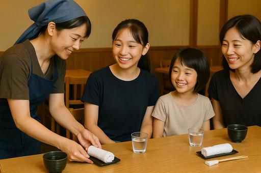 店員がおしぼりや飲物を持ってくる 店員がおしぼりや飲物を持ってくるの写真