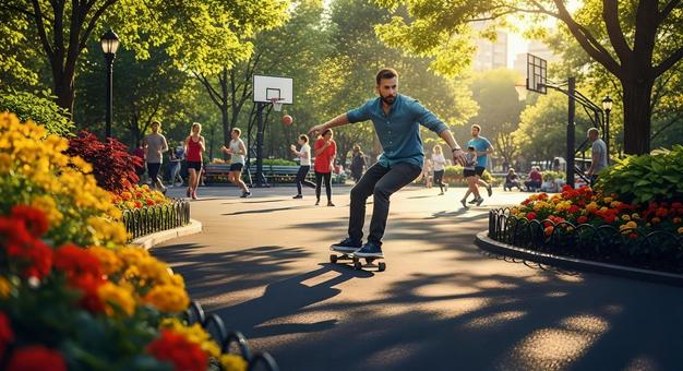 公園でスケートボードを楽しむ男性 公園でスケートボードを楽しむ男性の写真