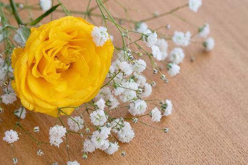 黄色のスプレーバラとカスミソウ 花,薔薇,黄色の写真素材