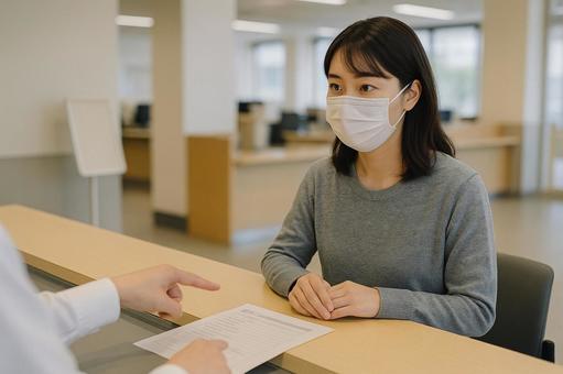 マスク姿で窓口案内を受ける住民の写真