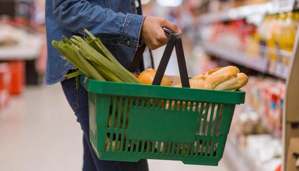 買い物かごを持って買い物する女性の手 買い物かごを持って買い物する女性の手の写真