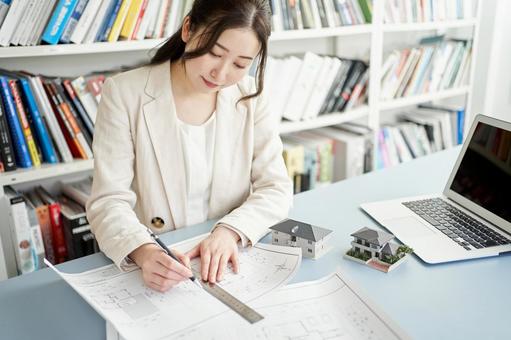 Female architect designing a house, arquiteto, mulher, à mão, JPG