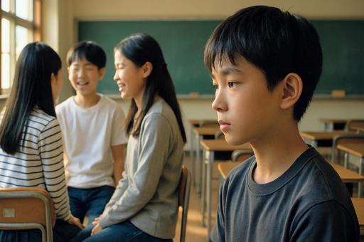 話の輪に入りたそうな男の子の写真