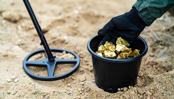 金を掘るイメージ 金塊と金属探知機 金を掘るイメージ 金塊と金属探知機の写真