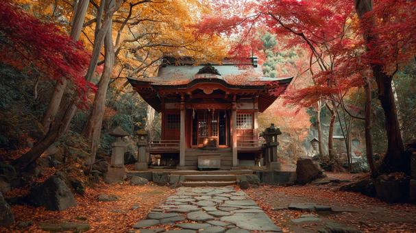 紅葉に包まれた幻想的な神社の風景 紅葉に包まれた幻想的な神社の風景の写真