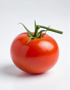 白い背景にへた付きのトマトの写真