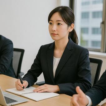 会議に参加する新入社員の女性 会議に参加する新入社員の女性の写真