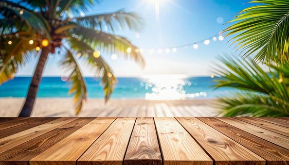 光り輝く夏の海とウッドデッキ 光り輝く夏の海とウッドデッキの写真