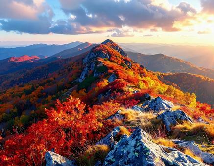 夕暮れの紅葉が美しい山頂 夕暮れの紅葉が美しい山頂の写真