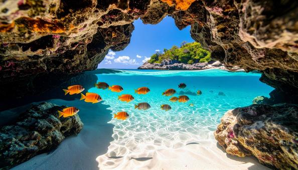 海中から見た岩場に泳ぐ熱帯魚 海中から見た岩場に泳ぐ熱帯魚の写真