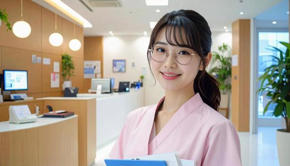 病院の受付をしている笑顔の女性 病院の受付をしている笑顔の女性の写真