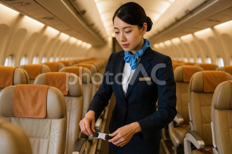 機内の安全確認を行うキャビンアテンダント 機内,安全確認,キャビンアテンダントの写真素材