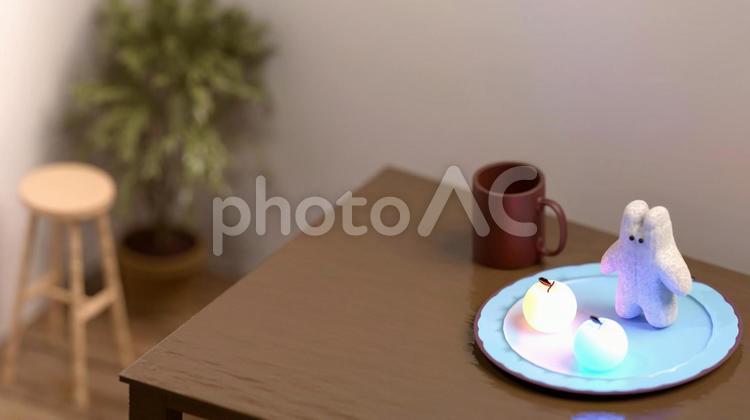 うさぎとりんごのランプのインテリア ウサギ,ぬいぐるみ,りんごの写真素材