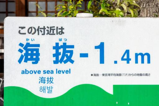 海抜1.4mの看板 海抜1.4mの看板の写真